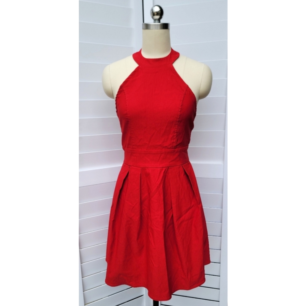 Red Halter Fit-and-Flare Dress